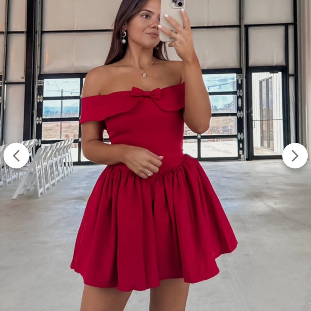 Angel Biba Off-Shoulder Red Mini Dress with Bow